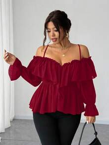 Elenzga Plus Size Women's Red Off-Shoulder Ruffle Long Sleeve Chiffon Blouse - Burgundy - View 7