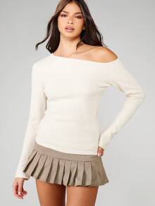 MISSGUIDED Off Shoulder Ribbed Knit Long Sleeve Sweater Fall Winter Casual Pullover Contemporary Minimalist Design Preppy Style Evening Party Holiday