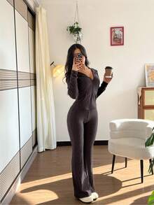 SHEIN PETITE 2pcs/Set Women Casual Hooded Sweatshirt With Pockets & Ribbed Flare Pants, Versatile Autumn/Winter Outfit - Mocha Brown - View 3