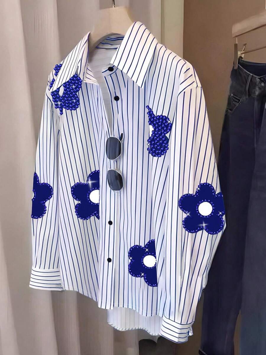 INAWLY Camisa de manga larga con rayas y decoración de rhinestones para mujer, adecuada para primavera y otoño - Multicolor - Ver 1