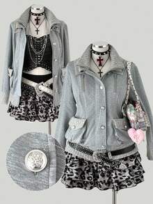 Sunspun Plus Size Floral & Ribbed Patchwork Stand Collar Zip-Up Decorated Button Pocket Long Sleeve Cinched Waist Jacket - Grey - View 1