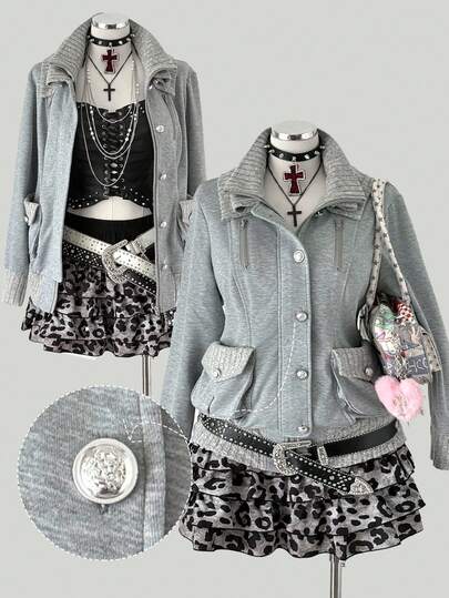 Sunspun Plus Size Floral & Ribbed Patchwork Stand Collar Zip-Up Decorated Button Pocket Long Sleeve Cinched Waist Jacket