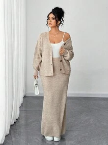 Elenzga Plus Size Solid Color Cardigan And Skirt 2 Pieces Set - Khaki - View 3