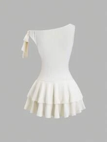 SHEIN Tall 优雅法式束腰不对称肩部 A 字性感女式迷你连衣裙 - 杏色 - 查看 2