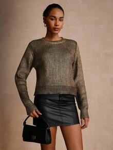 Vesra Women's Elegant Casual Crew Neck Long Sleeve Sweater With Foil Print, Suitable For Multiple Occasions, Autumn/Winter