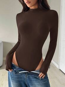 SHEIN EZwear Women's Coffee Brown Stand Collar Long Sleeve Casual Bodysuit, Autumn,Fall,Fall Clothes For Women - Coffee Brown - View 4