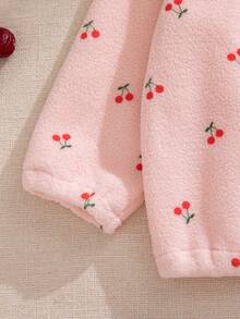 Souflis Souflis Baby Girl Pink Cherry Print Fleece Half Zip Sweatshirt Pants Set, Infant Fall Winter 2Pcs Outfit, Toddler Cute Cozy Clothes - Pink - View 6