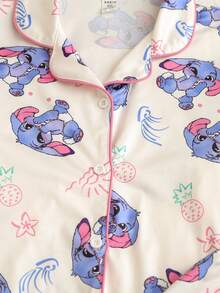 女孩柔软舒适休闲睡衣套装，可爱卡通长耳兔全身印花，时尚翻领开衫长袖和裤子两件套家居服 - 杏色 - 查看 3