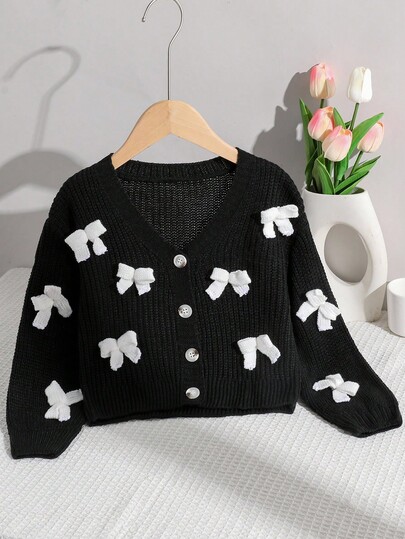 SHEIN Girls' Back To School Cute Knitted Cardigan, High-Quality Butterfly 3D Decor, Black Clothing With White Handmade Bow, Soft & Comfortable Warm Autumn/Winter Sweater