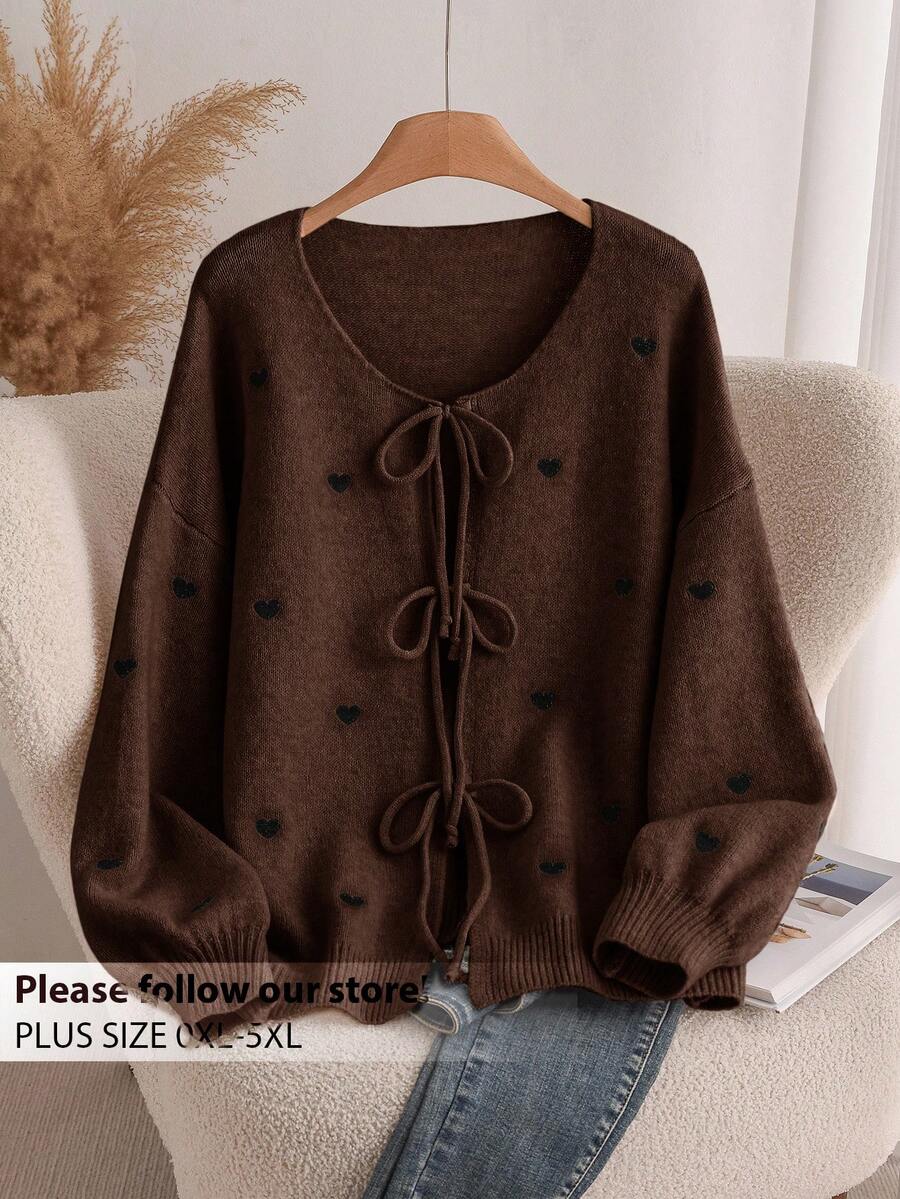 CosyJoli Plus Size Women Heart Knitted Cardigan, French Elegant Fashion Autumn/Winter Sweater Coat Brown Cardigan Sweater For Women Pullover For Women Brown Sweater Bow Sweater - Coffee Brown - View 1