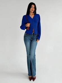 Aloruh Women's Fashionable French Retro V-Neck Raglan Sleeve Long Sleeve Burgundy Knit Shirt - Royal Blue - View 6