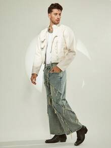 FeverCity Men's Solid Color Fashionable Drop Shoulder Casual Jacket, For Fall Winter - Apricot - View 5