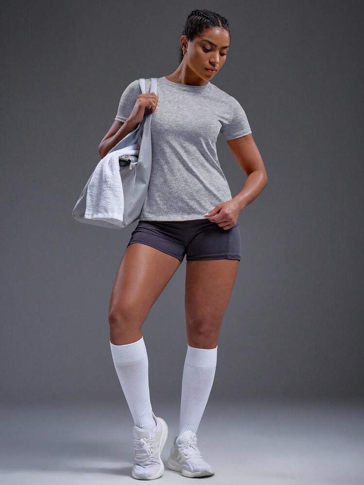 Powerista Camiseta deportiva con gráfico de eslogan para mujeres - Gris Claro - Añade 4