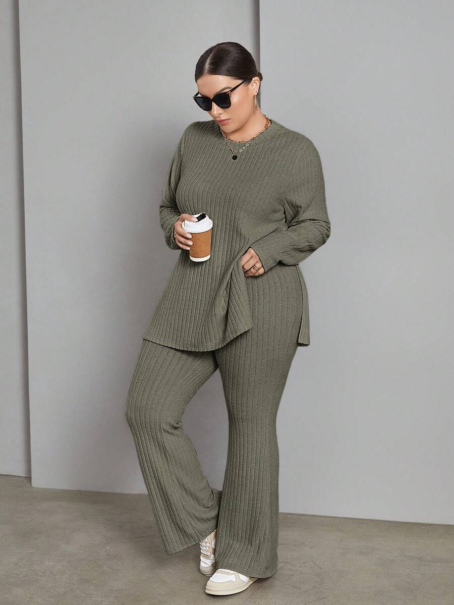 SHEIN Essnce 大码女装秋冬休闲宽松舒适杏色保暖拉绒面料长袖套头T恤和裤子两件套，秋季女装，裤子套装，服装套装，机场服装，冬季套装，毛绒套装 - 軍綠色 - 查看 1