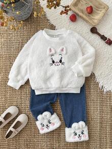 Sparklyn 2pcs/Set Toddler Girls' Cat Embroidery Graphic Crew Neck Long Sleeve Fuzzy Sweatshirt And Cuffed Fuzzy Denim Pants, Fashion Casual Sports Streetwear, Autumn/Winter - White - View 7