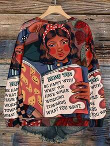 Ashley Baxter Artist Collaboration Vintage-Inspired Hand-Drawn Cartoon Character Portrait Illustration Crewneck Women's Sweatshirt Perfect For Fall/Winter, Fashion T-Shirt, Stylish Sweatshirt Sibling Gift, Sister Gift, Mom Gift, Mother's Day Gift Casual Fashion Top - Red - View 2