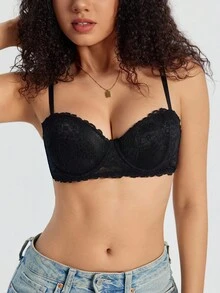 SHEIN Sexy Lace Bra Set For Small Bust, Gather & Lift, Anti-Sagging, Push-Up Bra - Black - View 4