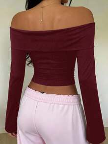 SHEIN EZwear Áo hở vai tay dài dáng xòe ôm vừa vặn dành cho nữ, phù hợp cho mùa thu/đông - Màu Đỏ Sâu - Xem 2