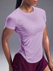 Powerista Curved Hem Solid Sports Tee Gym Women Shirts - Lilac Purple - View 5