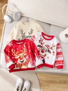 SHEIN 3-Pack Cute Baby Girl Casual And Simple Round Neck Sweatshirt With Grab Material And Large Christmas Pattern. High Cost Performance. Suitable For Birthday Parties, Evening Parties, Performances, Weddings, Baptisms, Opening Ceremonies, Suitable For Daily Wear, Suitable For Outing, Suitable For Christmas And Festival Wear, Suitable For Autumn And Winter Seasons. - Multicolor - View 4