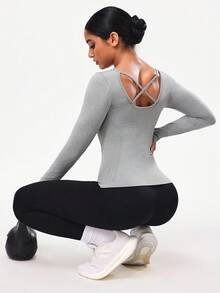 Seamluxe SHEIN Sport Damen Einfarbiges minimalistisches Kreuz-Langarm Lässig Sport T-Shirt