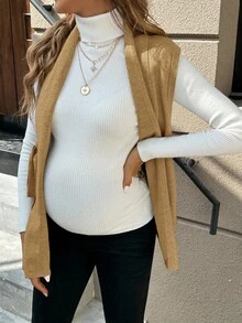 SHEIN 孕妇纯色披肩领抽绳腰休闲针织背心，秋冬 - 銅色 - 查看 3