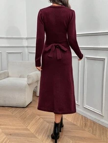 EMERY ROSE Women's Elegant Commuter Solid Color Belted Knit Dress, Autumn/Winter