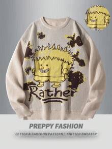 Manfinity Homme Sweater Pria Kasual Longgar dengan Motif Huruf & Kartun, Kerah Bulat, Lengan Panjang, Musim Gugur - Krem - View 6