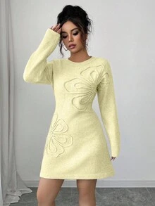 Selianne 女士优雅圆领长袖超大刺绣花卉长款毛衣裙，适合多种场合和季节，秋冬 - 黃色 - 查看 6