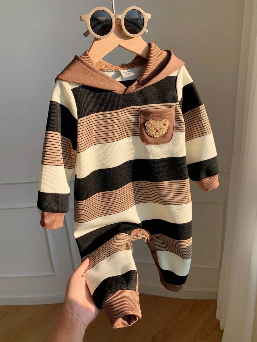 SHEIN 新生儿男女通用卡其色条纹卡通熊连帽连体衣，秋冬季婴儿服装，男婴服装，棕色摩卡色婴儿服装，秋冬季婴儿服装 - 彩色 - 查看 1