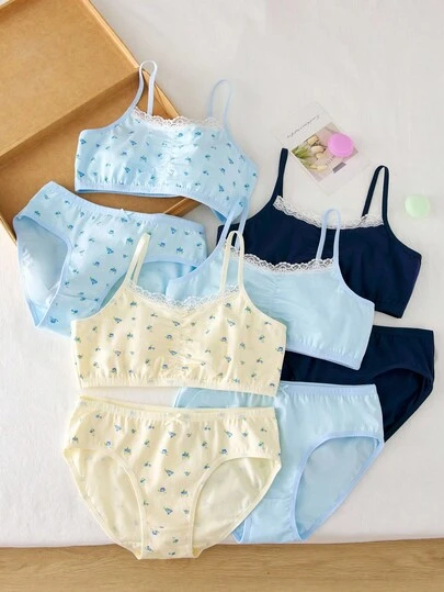 8件套女童花卉蕾丝花边设计吊带背心和全身印花内裤套装，粉色系列