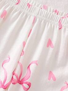 2pcs Baby Girls' Pink Bow Print Long Sleeve Cardigan And Pants Pajama Set, Woven Fabric Cozy And Beautiful For Girl, Princess Gift - White - View 3