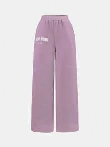 SHEIN Girlism Set de sudadera y pantalón de chándal con estampado de letras de ajuste holgado y cuello redondo para niñas preadolescentes, 2 piezas - Púrpura polvoriento - Ver 8