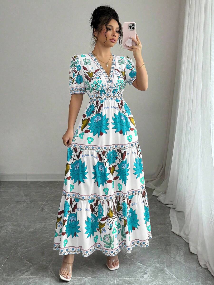 Elenzga 女士花卉度假V领泡泡袖长裙