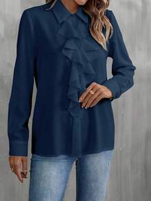 EMERY ROSE Women's Solid Color Ruffle Hem Elegant Office Wear Long Sleeve Blouse - Navy Blue - View 6
