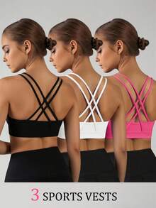 SHEIN 3-częściowy biustonosz sportowy dla dziewcząt z krzyżującymi się ramiączkami, odprowadzający wilgoć, o wysokiej rozciągliwości, wygodny do ćwiczeń, biegania, badmintona, koszykówki i tenisa