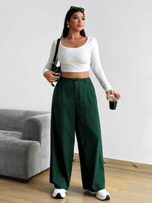 POPSWAY Plus Size Women's Solid Color Pleated Loose Wide Leg Pants - Dark Green - View 5