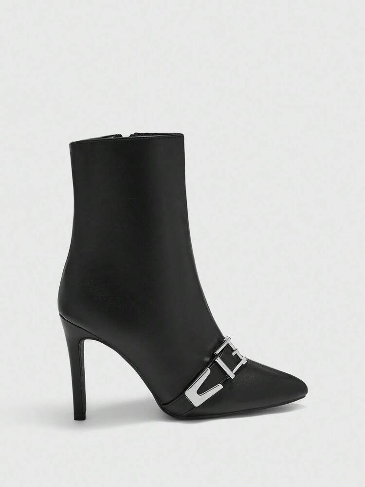 CUCCOO BIZCHIC High-Quality Autumn/Winter Commute Buckle Black Mid-Calf Boots, Pointed Toe Slim Heel Elegant Women's Boots, Fashionable Versatile New Style Boots, Showcasing Feminine Charm And Elegant