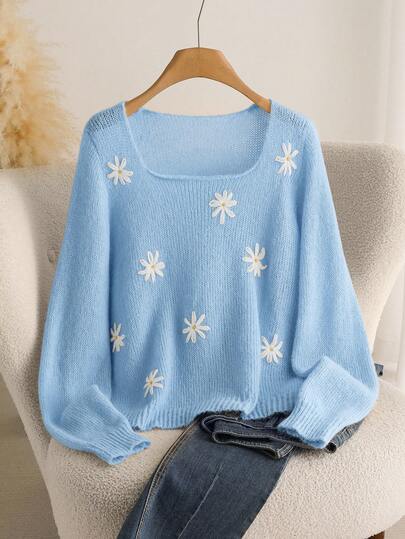 CosyJoli 秋冬大码女式雏菊花卉图案宽松休闲黄色套头衫