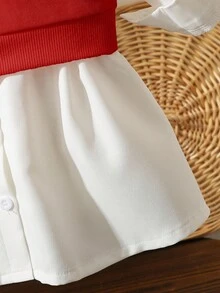 SHEIN Playful Pals 2件套女婴休闲黑色刺绣心形背心和蓝色连衣裙套装 - 酒紅色 - 查看 4