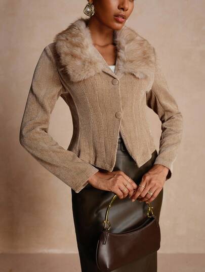 Vesra Chaqueta de manga larga con cintura ceñida y cuello de piel de dos colores brillante para mujer