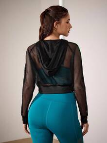 Menodora SHEIN Sport Women's Sheer Mesh Contrast Striped Tape Side Cropped Hoodie