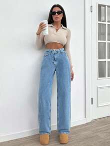 SHEIN Tall Quần jean ống đứng thoải mái, thoáng khí, có khóa cài, tiện dụng cho nữ, đi làm hàng ngày - Rửa trung bình - Xem 6