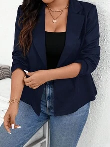 SHEIN Essnce 大码女装秋季法式新款时尚休闲通勤优雅职场返校教师商务职业自豪感上衣商务休闲加大码背带裤外出上衣西装外套 - 寶藍色 - 查看 4