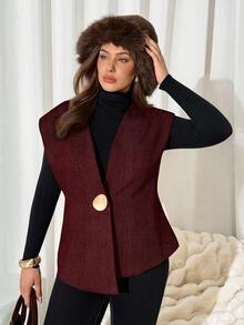 Auralis 大码女式秋季金属单扣休闲背心夹克 - 酒紅色 - 查看 3