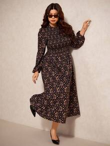 Elaquor Plus Size Elegant Minimalist Modern Urban Fashion Print Shirred Fitted Long A-Line Dress, Black, Autumn/Winter New Arrival Wedding Dress For Women - Multicolor - View 2