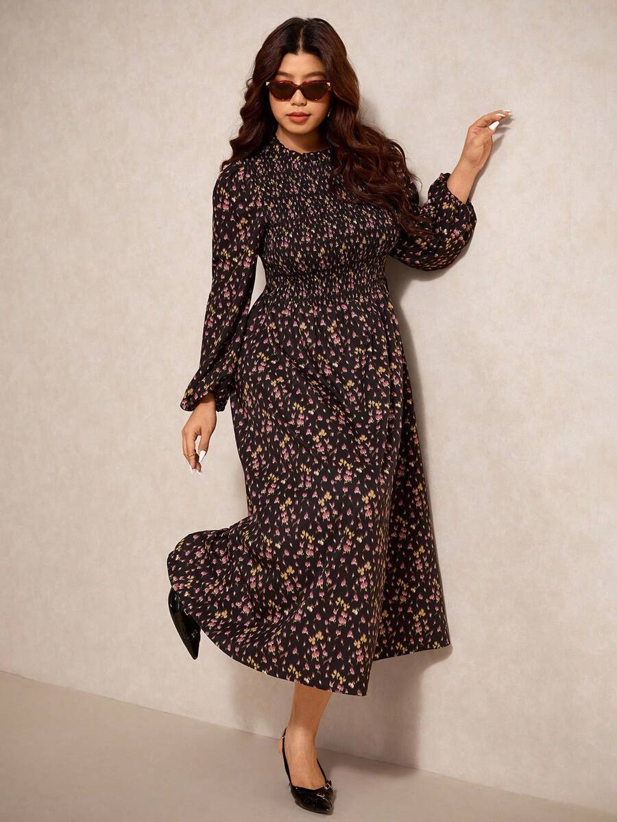 Elaquor Plus Size Elegant Minimalist Modern Urban Fashion Print Shirred Fitted Long A-Line Dress, Black, Autumn/Winter New Arrival Wedding Dress For Women