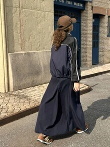 青少年女孩休闲运动风格双色对比滚边条纹带侧高领拉链夹克，适合度假、夏季、旅行 - 彩色 - 查看 2