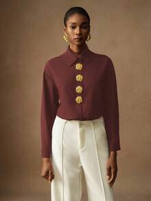 Vesra Women's Floral Button Solid Color Loose Long Sleeve Shirt Button Shirt - Redwood - View 5