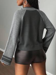 Slaydiva Cárdigan holgado y versátil con bloque de color y letras jacquard, estilo casual para mujer, otoño/invierno - Gris - Ver 2